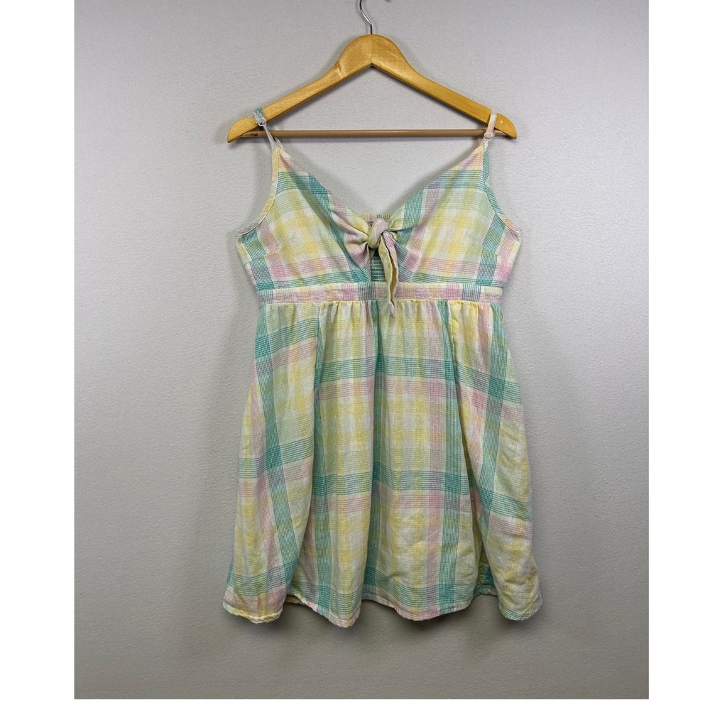 Cottagecore Old Navy Womens Large Petite Pastel Plaid Linen Blend Cami Dress Tie